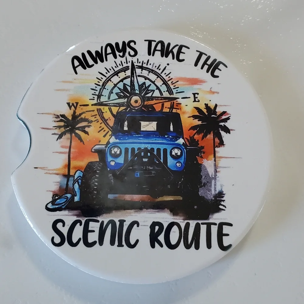 Set Of 2 Ceramic Car Coasters Always Take the Scenic Route